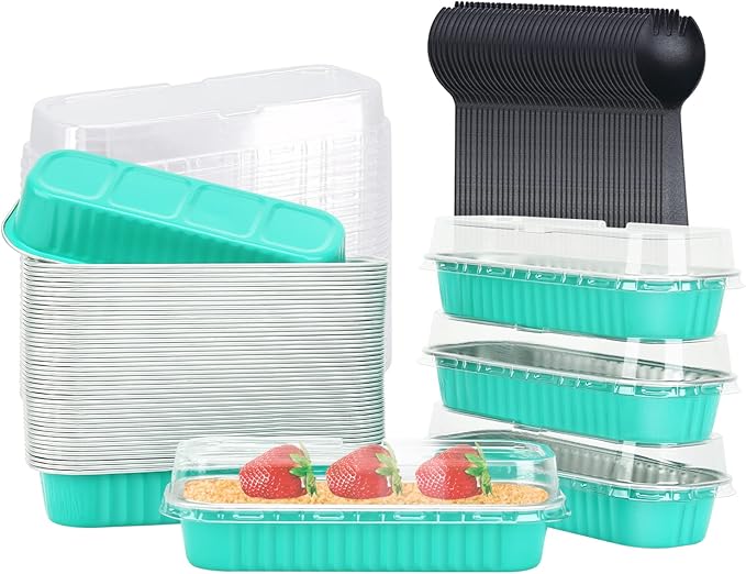 LNYZQUS Aluminum Foil Mini Loaf Pans With Lids 50 Pack, 6.8oz Rectangle Baking Cups Muffin Tins,Disposable Baking Tins Mini Baking Pans Holders -Cyan Blue