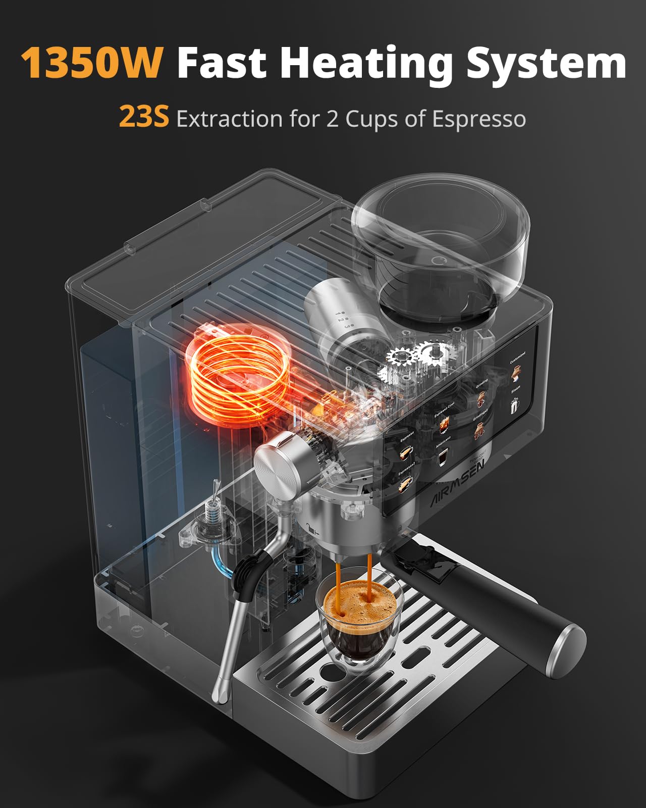 AIRMSEN Espresso Machines with Burr Grinder, 20 Bar, Milk Frother Steam Wand, Stainless Steel