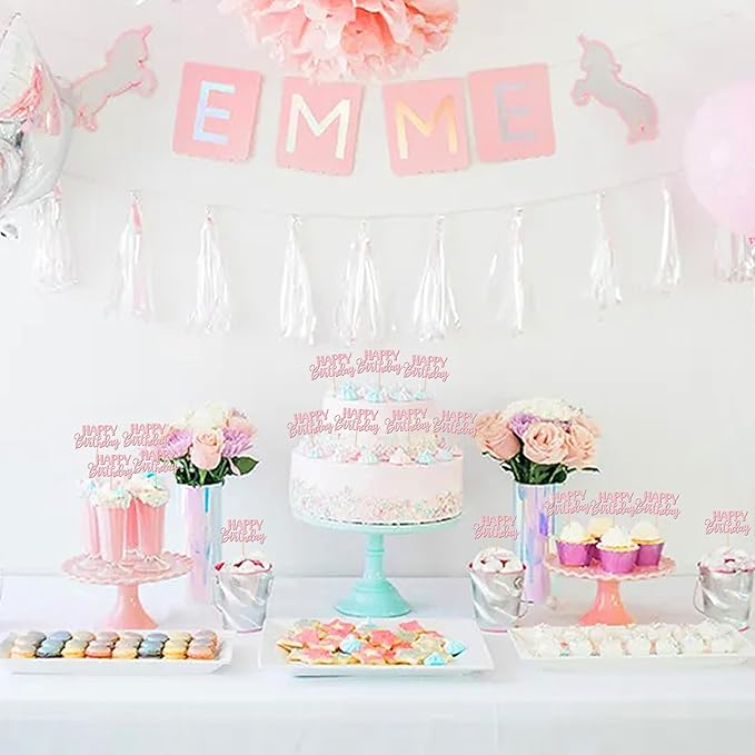 30 PCS Happy Birthday Cupcake Toppers Glitter Happy Birthday Cupcake Picks for Celebrating Anniversary Theme Party Cake Decorations Supplies Light Pink