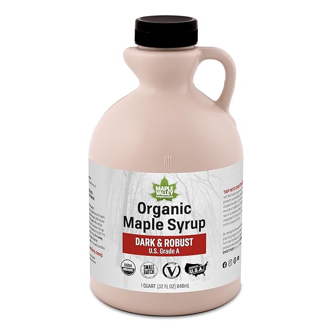 Maple Valley Organic Pure Maple Syrup, Dark & Robust Better Than Pancake Syrup, Use for Coffee or All-Natural Sugar Substitute in Cooking and Baking (32oz Plastic Jug)