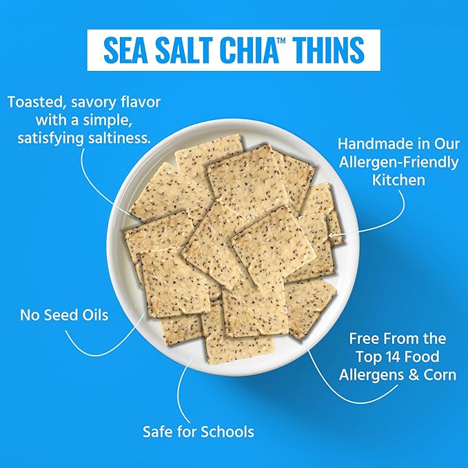 Every Body Eat Snack Thins, Gluten & Dairy Free, Vegan, School Safe Lunch Snacks, Sea Salt Chia (20 Single Serve Bags, 1.1oz)