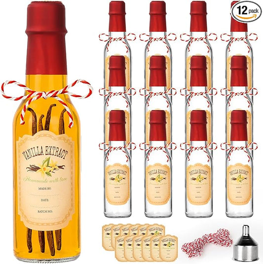 DHSBTLS 12 PCS 5 oz Vanilla Extract Bottles 150 ml Hot Sauce Glass Bottle with Leak Proof Screw Cap,Funnel, Clear Oil Bottle for Kitchen, Home Brewing Wine, Juicing Bottles for Bordeaux Wine, Beverage