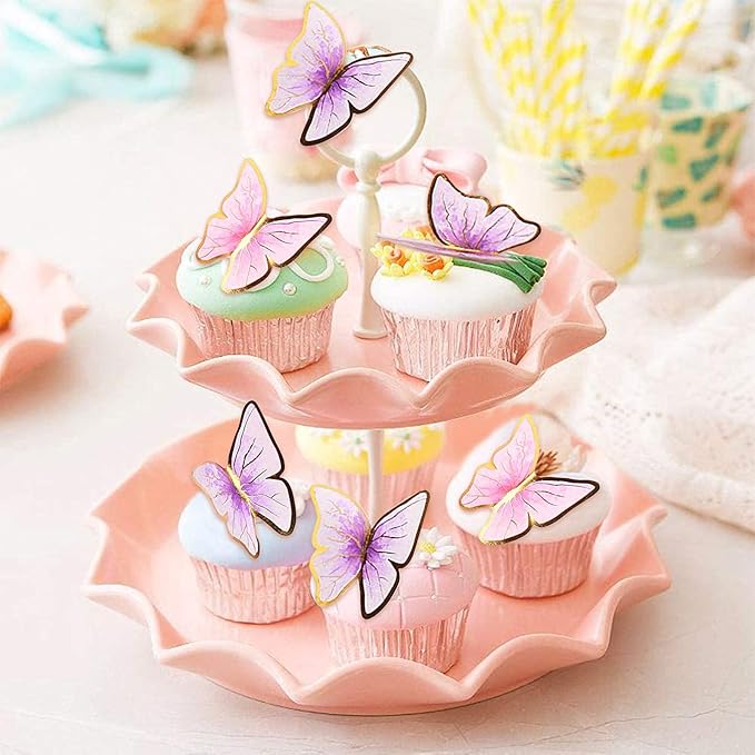 Set of 66 Pack Purple Gold Cupcake Toppers Mixed Size&Colour 3D Butterfly Cake Picks Decorations with Dot Glue and Support Stick for Girl Women Wedding Birthday Party Baby Shower Food Wall Decoration