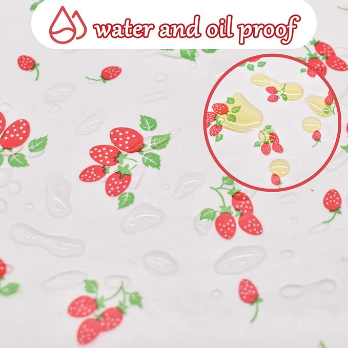 Wax Paper Sheets Disposable Food Wrapping Greaseproof Paper Food Candy Sandwich packing Liners Red Strawberry Pattern (100Sheets)