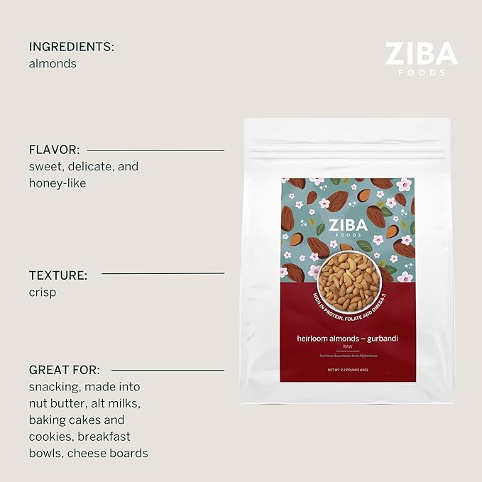 Ziba Foods Heirloom Gurbandi Raw Almonds | Non-GMO, Vegan, Whole 30 Friendly, Keto & Paleo | Heirloom Superfood Naturally High In Vegan Protein & Omega 3s, 2.2 lbs