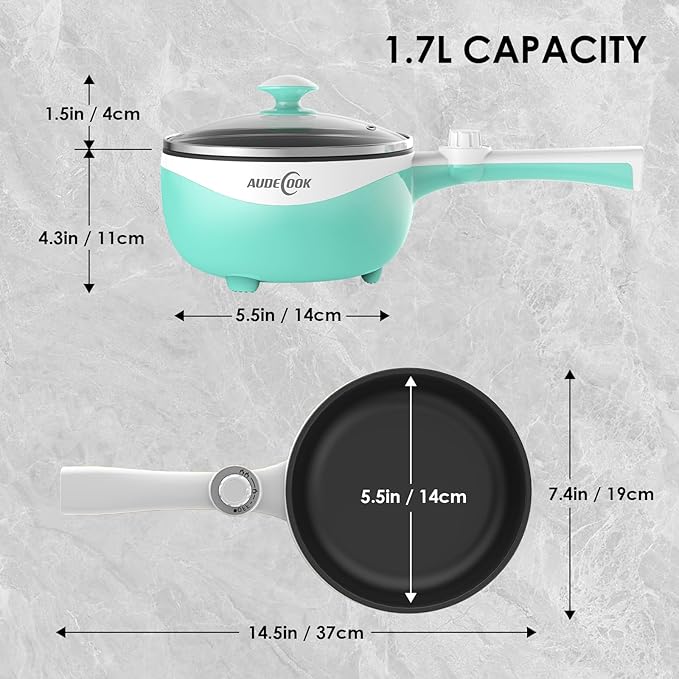 Audecook Hot Pot Electric, 1.7L Mini Electric Skillet Portable Nonstick Saut챕 Pan with Power Adjustment,Ramen Cooker Travel Multicooker for Steak/Soup/Egg/Oatmeal/Noodles