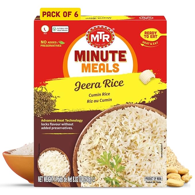 MTR Ready-To-Eat: Jeera Rice - Cumin Rice - Microwavable Rice Packs for Instant Meals - Delicious & Nutritious Rice Ready in Minutes - Suitable for Vegetarians with Natural Ingredients - (Pack of 6)