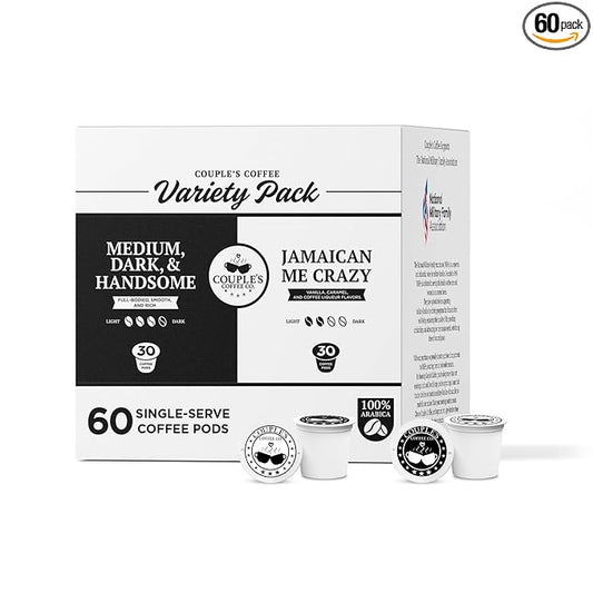 Couple's Coffee Bulk K-Cups Variety Pack | Gives Back to Military Families | Jamaican Me Crazy and Medium Dark Roast Coffee Pods | Gourmet Coffee | Compatible with K-Cup Machines & Single Serve Brewers | 60 Count