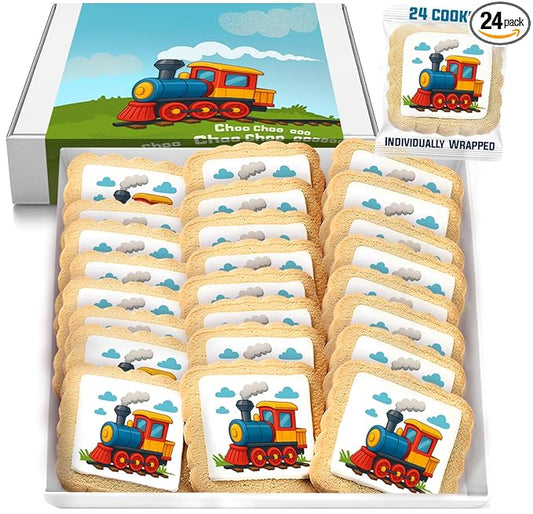 Train Cookies Choo Choo Train Theme Party Favors | Individually Wrapped 24 Pack Themed Cookies | Transportation Vehicles | Birthday Baby Shower Kids Adults Treats