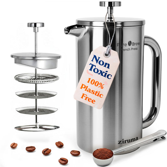 Non-Toxic Stainless Steel French Press, No Plastic or Heavy Metals, 34 oz