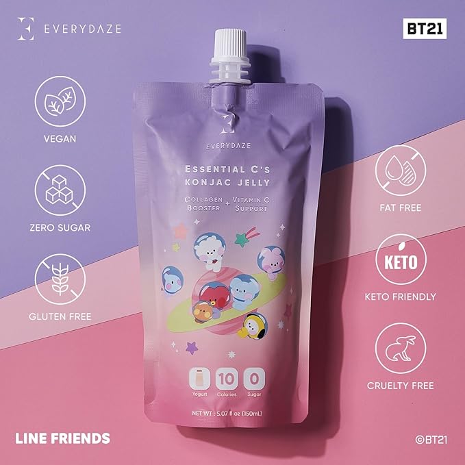 EVERYDAZE BT21 Essential C?셲 Konjac Jelly | Yogurt | Vegan Collagen Peptides and Vitamin C | Gluten Free, Sugar Free, Low Calorie | Healthy Drinkable Fruit Snack | 10 Pack Box Food Drink Pouch