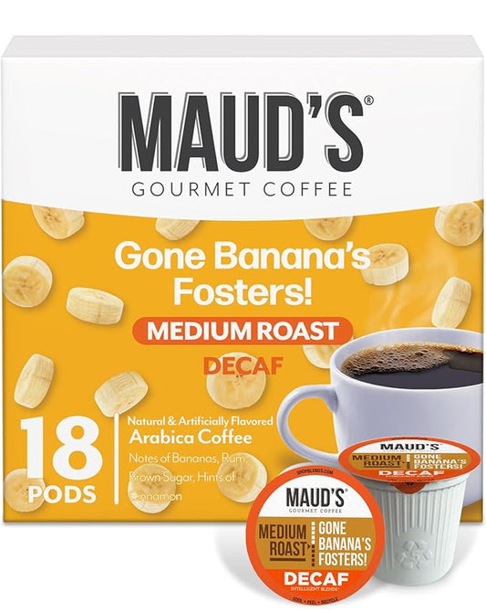 Maud's Decaf Banana Flavored Coffee Pods, 18 ct, Decaffeinated Medium Roast Flavored Coffee in Recyclable Single Serve Pods – 100% Arabica Beans, Compatible with Keurig K Cups Maker