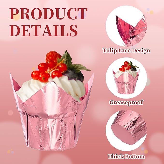 uxcell 100 Pcs Tulip Cupcake Liners, Muffins Liners Aluminum Foil Cupcake Wrappers Baking Cups Muffins Liners for Wedding Birthday Party Supplies, Red/Rose Gold