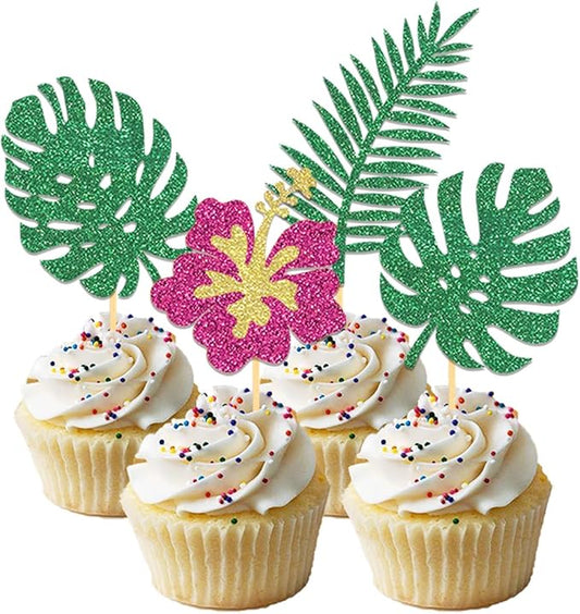 24Pcs Glitter Tropical Cupcake Toppers, Palm Tree Cake Topper Aloha Cupcake Picks Flower Cupcake Decorations for Luau Hawaiian Theme Baby Shower Birthday Party Supplies(Leaves B)