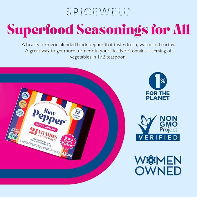 Spicewell - New Pepper in Travel Ready Packets - Ayurvedic Black Pepper with Turmeric, 21 Plant-Based Vitamins and Minerals - Fine Ground, 30 Count