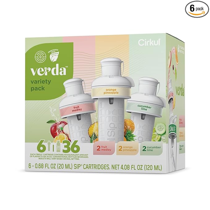 Cirkul Verda Flavor Cartridge Variety Pack with Antioxidants, Stevia, and Vitamin B, 6-Pack (2 Orange Pineapple, 2 Fruit Medley, 2 Cucumber Lime), No Sugar, Zero Calorie Drink Mix