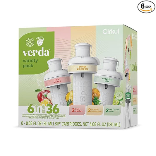 Cirkul Verda Flavor Cartridge Variety Pack with Antioxidants, Stevia, and Vitamin B, 6-Pack (2 Orange Pineapple, 2 Fruit Medley, 2 Cucumber Lime), No Sugar, Zero Calorie Drink Mix