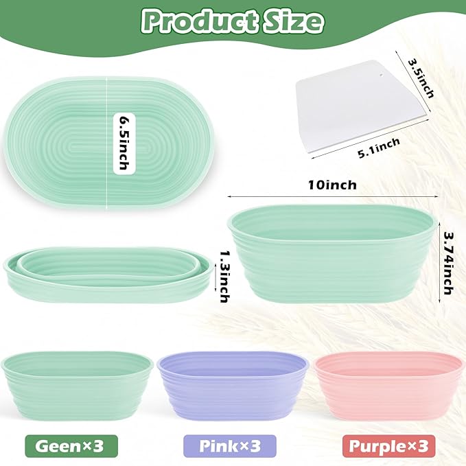 Nuogo 9 Pack Oval Bread Proofing Basket Silicone 10 Inch Collapsible Sourdough Bread Baking Supplies Dough Proofing Bowl with Dough Scraper and Basket Covers for Making Bread
