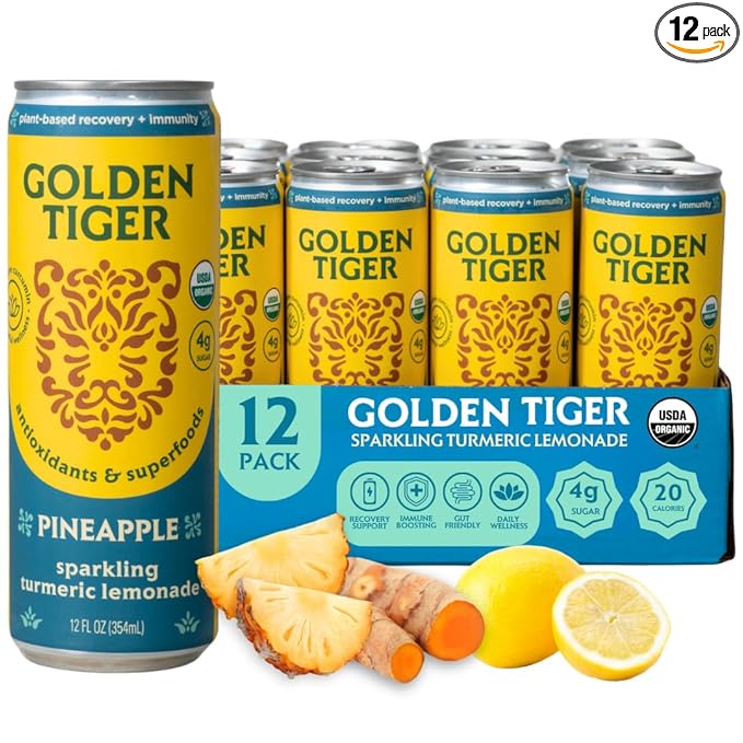 Golden Tiger Turmeric Sparkling Lemonade, Pineapple 12-Pack ??Curcumin & Ginger for Inflammation ??Sparkling Wellness Drink with Organic Superfoods + Antioxidants for Recovery, Immunity, Gut Health - 4g Sugar, 20 Calories