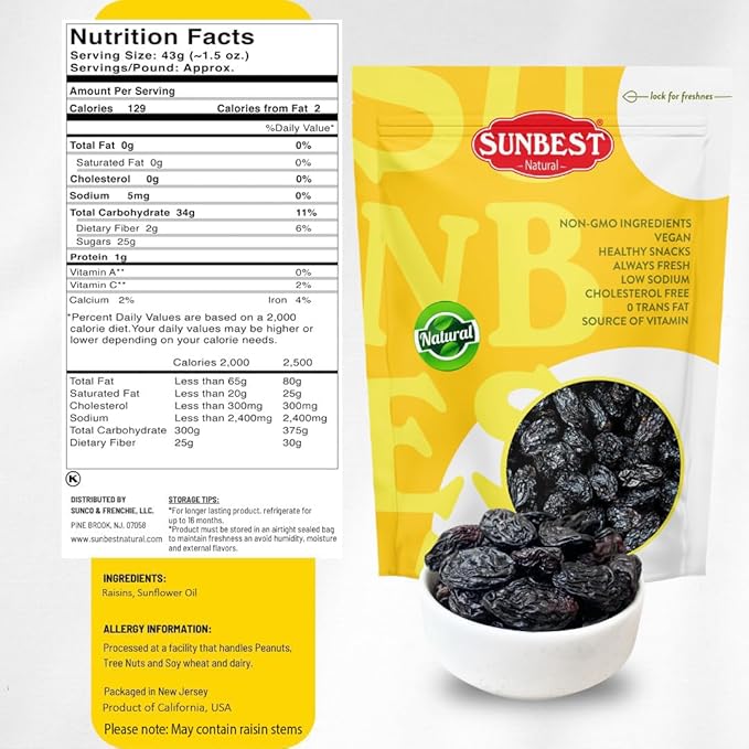 Sunbest Natural Jumbo Black Raisins ??5 lb Bulk Bag (80 oz) ??Plump, Juicy & Nutrient-Rich ??High in Fiber ??Resealable, Perfect for Snacking, Cooking & Baking