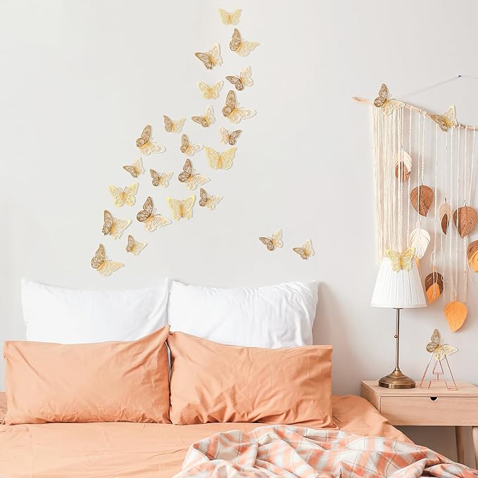 Crosize 72 Pcs Gold Butterfly Decorations, 3 Sizes 3 Styles, 3D Butterfly Wall Decor, Party Decorations, Birthday Decorations, Butterflies for Crafts, Cake Decorating, Wall Room Decor