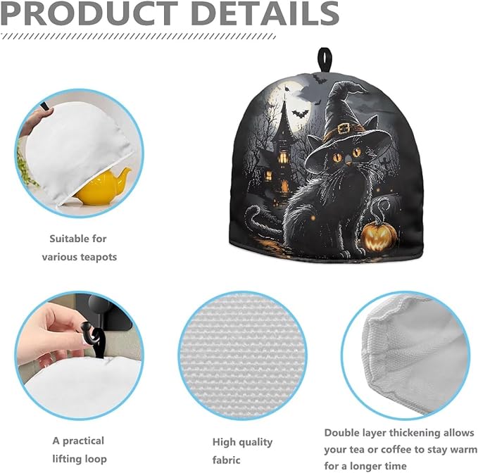 Halloween Black Cat Pattern Tea Cozy Kitchen Kettle Dust Cover Washable Teapot Dust Tea Kettle Cover for Tea Pot Halloween Decorative Kitchen竊뉰lack竊?"<div>