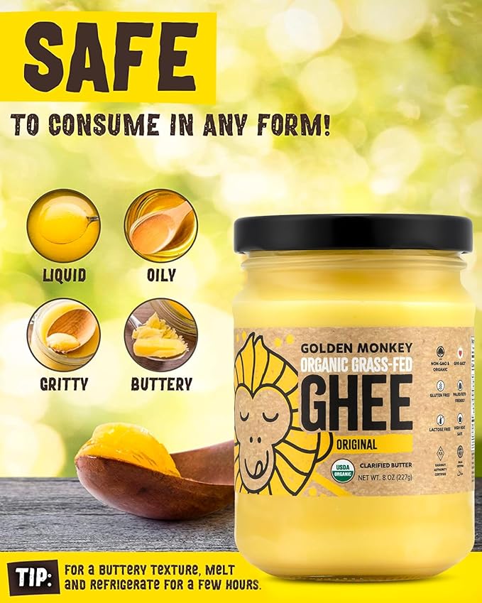 GOLDEN MONKEY Organic Ghee Butter ??Grass Fed Clarified Butter for Cooking, Baking, Keto & Gut Health ??Ghee Butter Organic Grass Fed from Small Farms ??Smooth Spread with High Smoke Point (8oz)