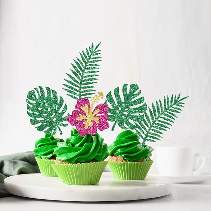 24Pcs Glitter Tropical Cupcake Toppers, Palm Tree Cake Topper Aloha Cupcake Picks Flower Cupcake Decorations for Luau Hawaiian Theme Baby Shower Birthday Party Supplies(Leaves B)