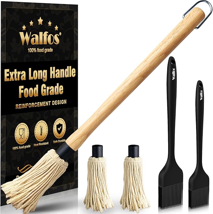 Walfos Basting Brush Silicone and BBQ Mop, Grill Basting Mop with 3 Heads and 2Pcs Pastry Brushes, Wooden Long Handle, Heat Resistant for Grilling, Smoking Steak, Kitchen Cooking (18"竊?,<div>