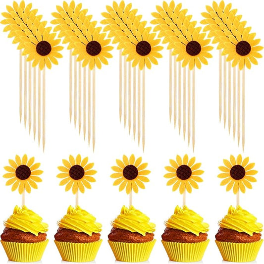 60 Pieces Sunflower Cupcake Toppers Yellow Flower Cake Picks Sunflower Toothpicks Summer Food Picks for Wedding Party Supplies Birthday Cake Decorations