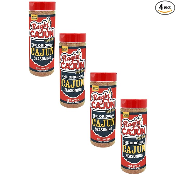 Original Cajun Seasoning - 16 oz Jar, Pack of 4, Low Sodium, No MSG, All Natural - Authentic Louisiana Spice for Grilling and Cooking Fish, Chicken, Steak, Soup, Seafood & Gumbo by Ragin' Cajun