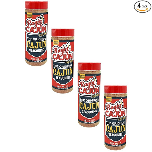 Original Cajun Seasoning - 16 oz Jar, Pack of 4, Low Sodium, No MSG, All Natural - Authentic Louisiana Spice for Grilling and Cooking Fish, Chicken, Steak, Soup, Seafood & Gumbo by Ragin' Cajun