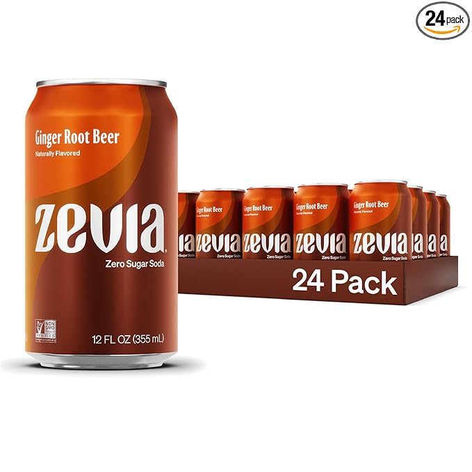 Zevia Zero Sugar Soda, Ginger Root Beer, 12 oz Cans (24-Pack) ??Naturally Sweetened, Zero Calorie Sugar Free Soda - Non-GMO Project Verified, Gluten-Free, Vegan