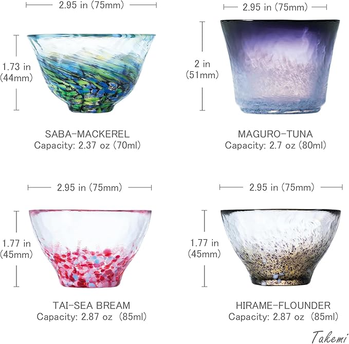 Japanese sake glass set Handcrafted Mini Glass Set Elegant Japanese Sake Cups Perfect for Any Occasion Made in Japan (Four Fish-Inspired Colors (4 pcs), Sake Glass (2.37-2.87 fl oz))