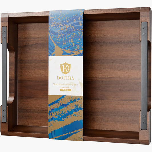 DOFIRA Acacia Wood Serving Tray with Metal Handle, 17x13in Tray for Ottoman