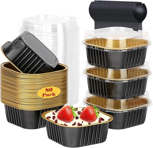 10oz/80pack Mini Cake Pans with Lids,LNYZQUS Small Foil Baking Tins Brownie Baking Cups,4?�x4??Disposable Ramekins Jumbo Cupcake Muffin Pan Mini Aluminum Containers Holders-Black