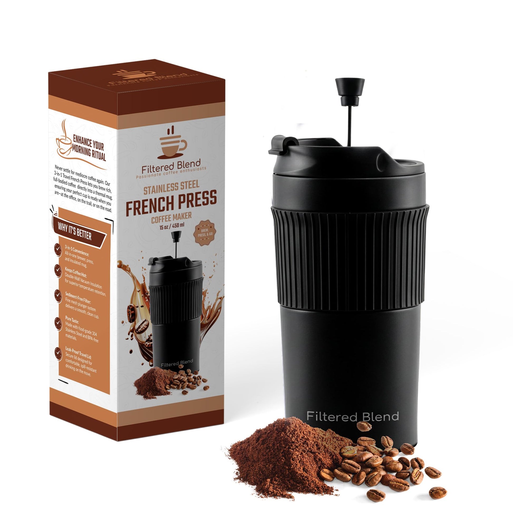 15oz Stainless Steel Travel French Press-Insulated Coffee Mug-Tumbler Black