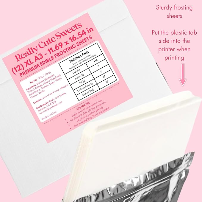 A3 XL Edible Frosting Sheets for Wide Format Edible Printers by Really Cute Sweets - 12-Pack Premium Sugar Paper for Cake, Cookies, and Photo Decoration - White, Big Edible Icing Sheets 11.7 x 16.5"