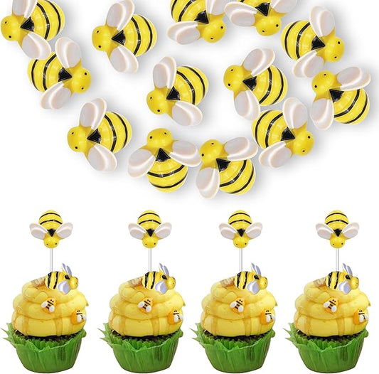 30 PCS Bumble Bee Cupcake Toppers Resin Little Figurine Bee Cupcake Picks Oh Babee Cake Decorations for Bee Theme Baby Shower Kids Boys Girls Birthday Party Decoration Supplies Gold