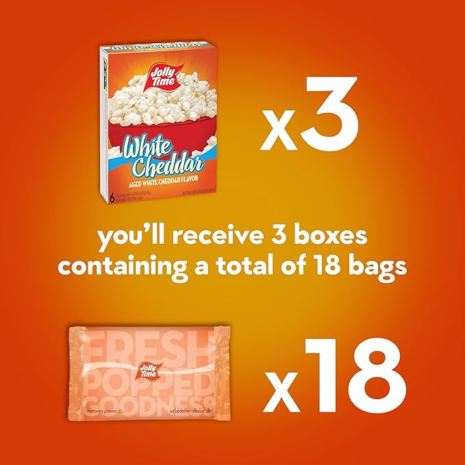 Jolly Time White Cheddar Cheese Microwave Popcorn, 2.9oz Sharing Bag, 6 Bags Per Carton (White Cheddar, 2.9 Ounce (Pack of 18))