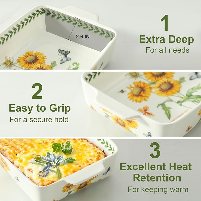 Ceramic Baking Casserole Dish with Handles, Large 8x13 inch & 6x10 inch Pan and Middle Baking Pan - Porcelain Serving Bakeware Set (Sunflower)