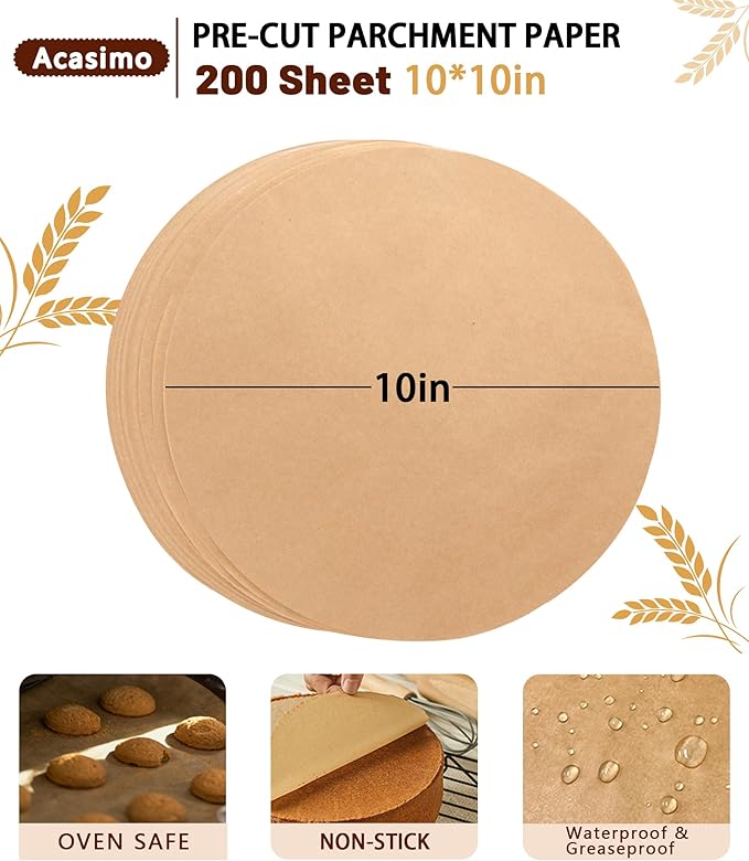 200Pcs Parchment Paper Rounds, 10 Inch Baking Parchment Circles, Precut Baking Sheets Round, Burger Patty Paper Liners for Tortilla Press, Air Fryer, Cake Springform Pizza Pan, Bread Cup Cake Cookie