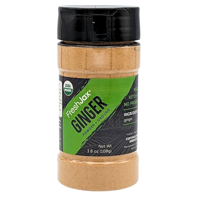 FreshJax Organic Ginger Root Powder – 3.8 oz BPA-Free Bottle, Certified Organic, Non-GMO, Gluten-Free, Keto, Paleo, No Preservatives – Ground Ginger Spice for Cooking, Baking & Smoothies