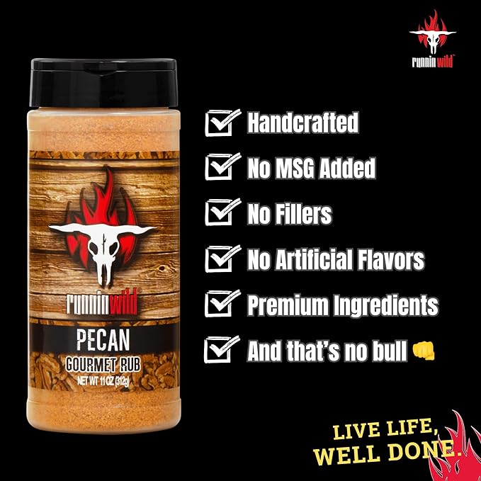 Gourmet Pecan Rub | Pecan BBQ Seasoning Rub for Turkey, Pork, Ribs, Chicken and Salmon | No Artificial Flavors and No MSG added | Runnin??Wild Foods, 11 ounces