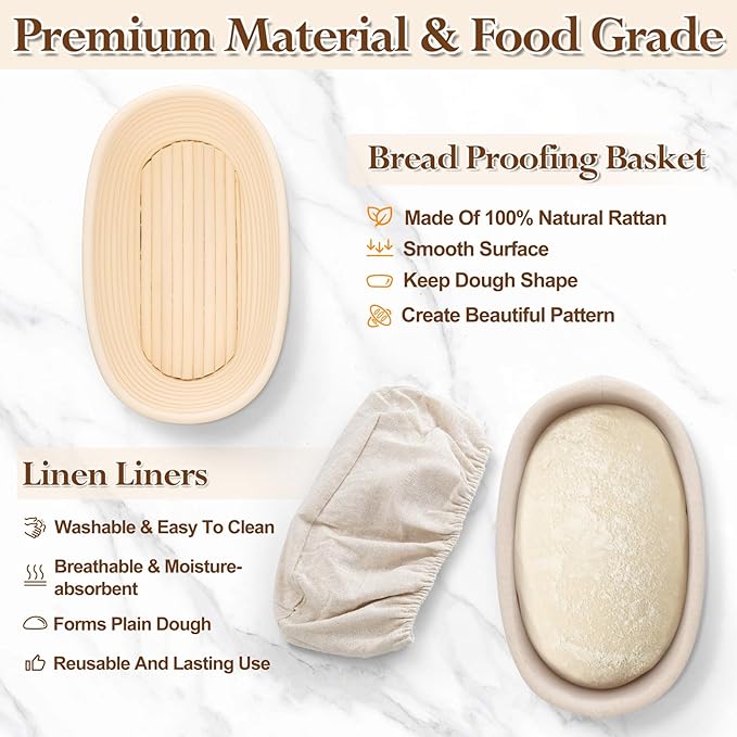 P&P CHEF Sourdough Bread Proofing Basket Set of 2, 10 Inch Oval Dough Proofing Bowls, Sourdough Bread Baking Supplies for Bakers, Handmade Rattan Baskets with Cloth Liner
