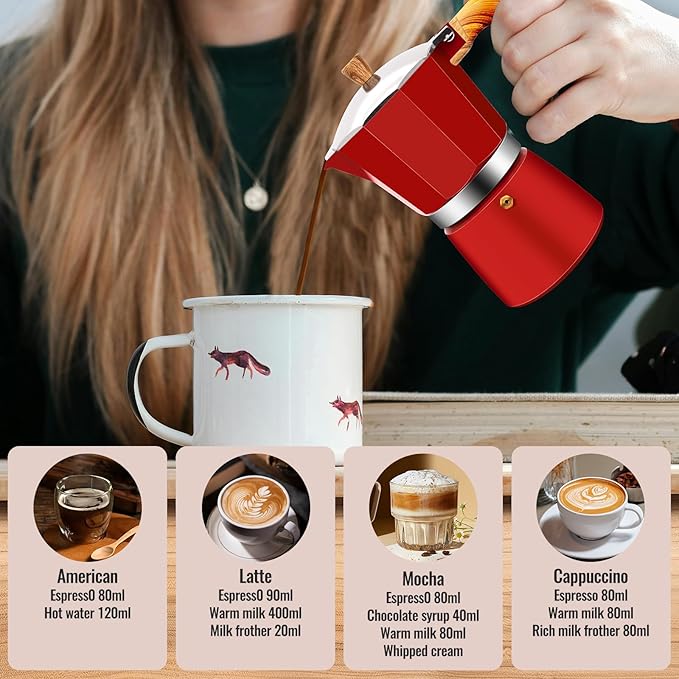 6 Cup Aluminum Moka Pot Classic Stovetop Espresso Coffee Maker 300ml 10oz Coffeemaker Percolator Mocha Pot Greca Coffee Maker Cafe Makers for Italian and Cuban Cafì±?Brewing Red