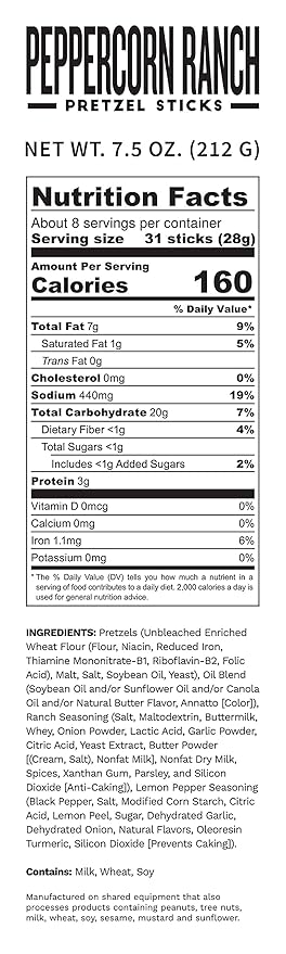 Pop Daddy Flavored Pretzels Sticks, Healthy Gourmet Pretzels Snacks, 7.5oz Individual Bags, 3 Pack, Peppercorn Ranch
