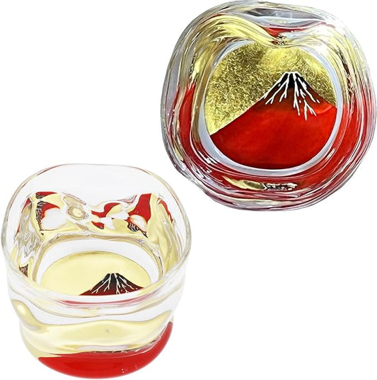 Kasyou Studio Red Fuji sake cup (Natural curl shape) Glass (Kanazawa Gold Foil, Gift Box), made in Japan, japanese sake cup soju glass luxury golden glasses Vaso de Sake Japonés