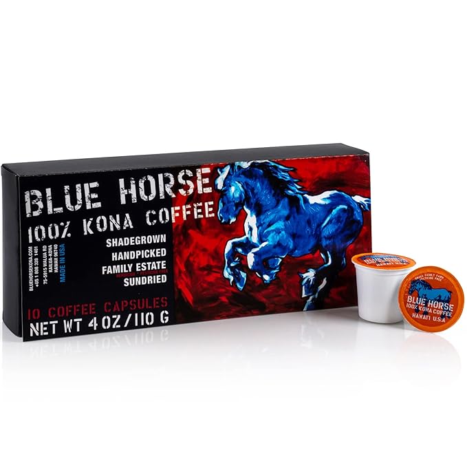 Blue Horse 100% Kona Coffee Pods, Medium Roast, 10ct Single Serve, Compatible with K Cups 2.0, Farm Fresh, Authentic Arabica Beans from Hawaii’s Big Island with a Smooth, Rich Flavor
