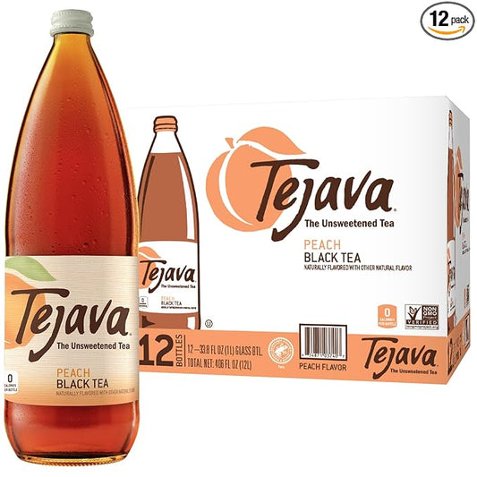 Tejava Original Unsweetened Peach Iced Tea, 12 Pack, 1 Liter Glass Bottles, Non-GMO, Kosher, No Sugar or Sweeteners, No calories, No Preservatives, Brewed in Small Batches